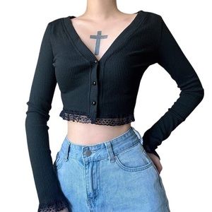 Black Cropped Cardigan with Lace Trim